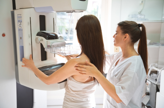 Woman during a mammogram procedure